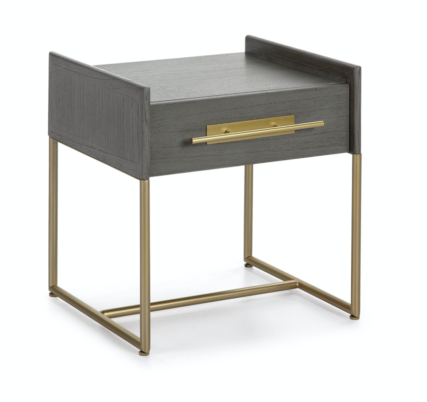 imagen mesita noche madera gris/metal dorado con 1 cajón