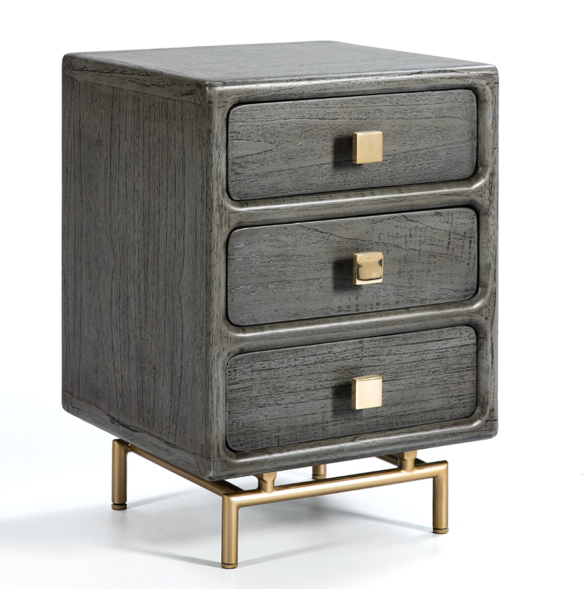 Thai Natura Vintage style 3-drawer wood/metal nightstand