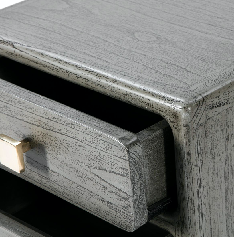 detalle cajón mesita noche 3 cajones gris