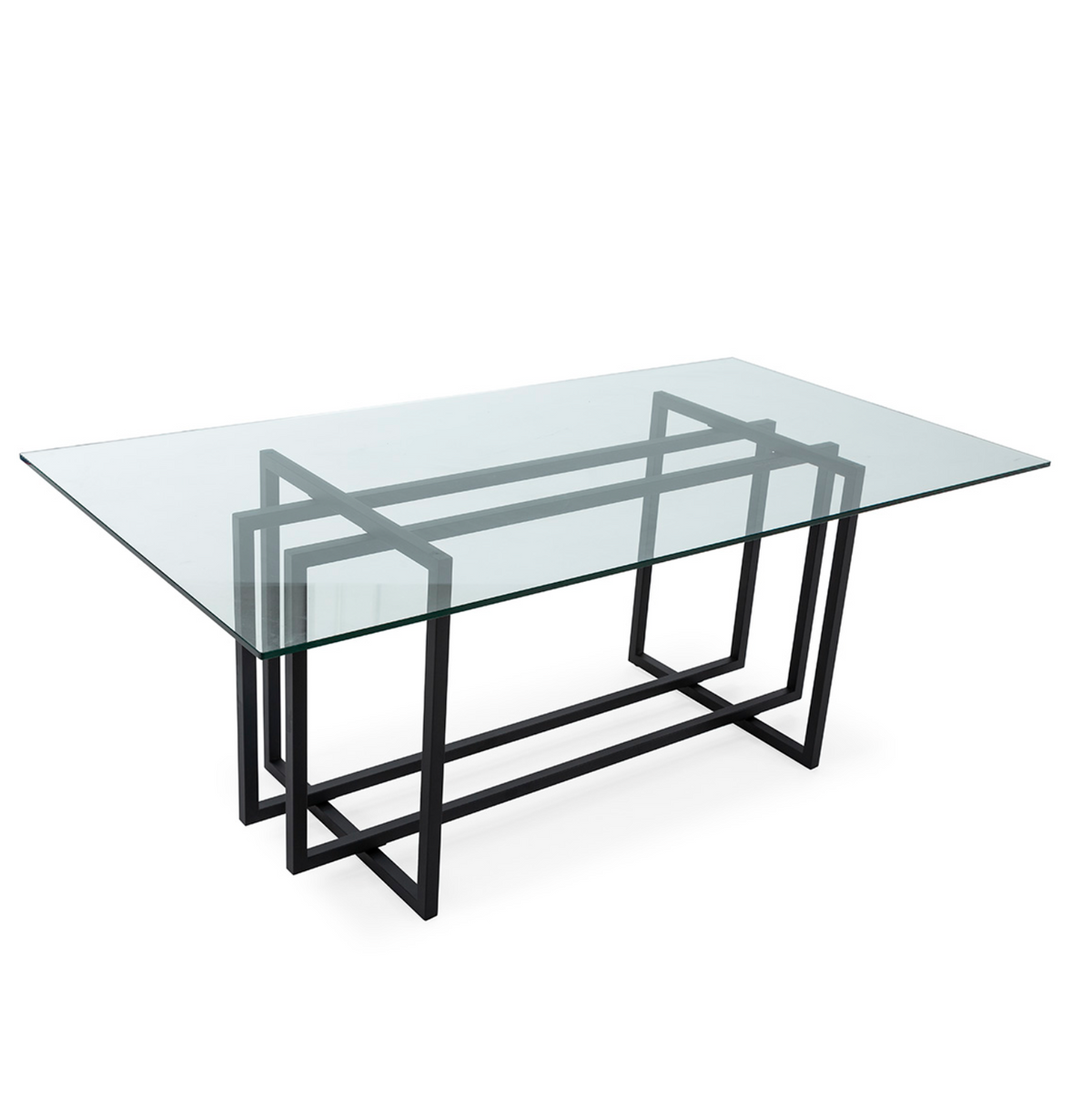 Mesa comedor cristal y metal negro vista en perspectiva completa