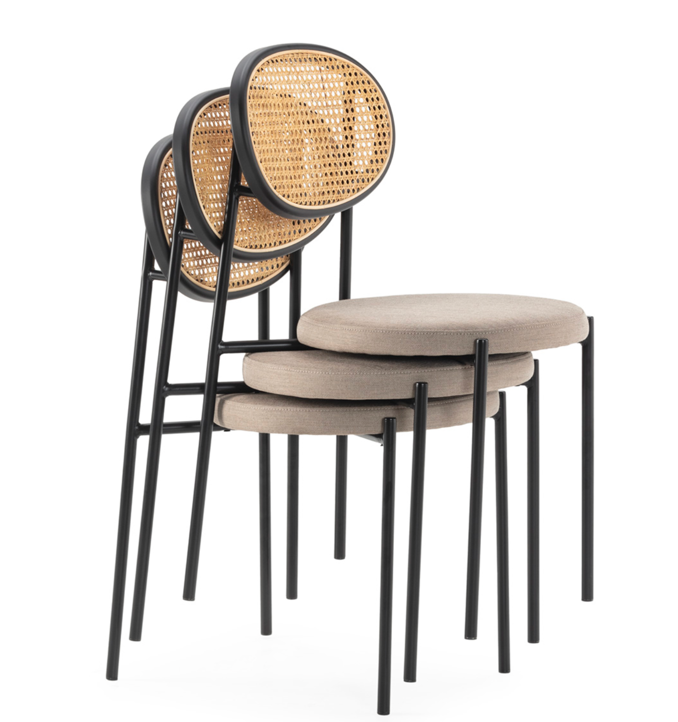 Silla Apilable Ratán Circular, Metal Negro y Detalle Dorado Vintage | Thai Natura | Retrotimes