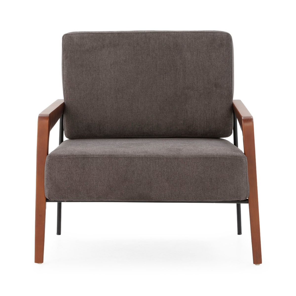 Sillón Mid-Century Industrial de Haya Nogal, Metal Negro y Tela Gris | Thai Natura