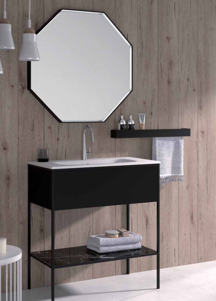 Espejo octagonal en mueble industrial