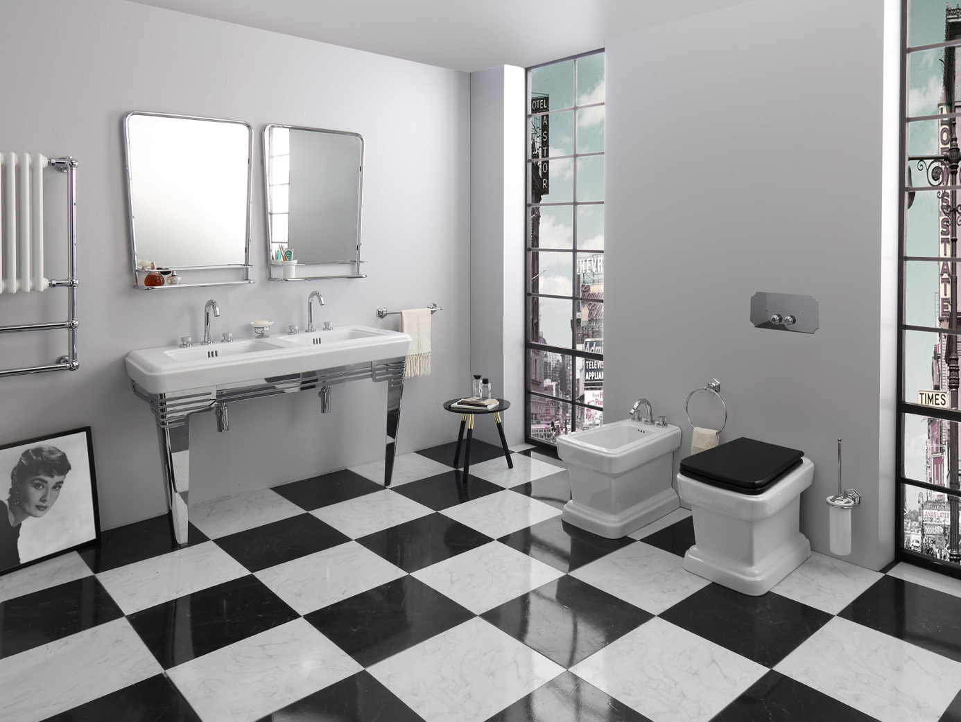 ambientación baño con lavabo estilo 50's doble seno