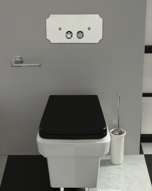 ambientación baño con placa Geberit para wc 50's bronce