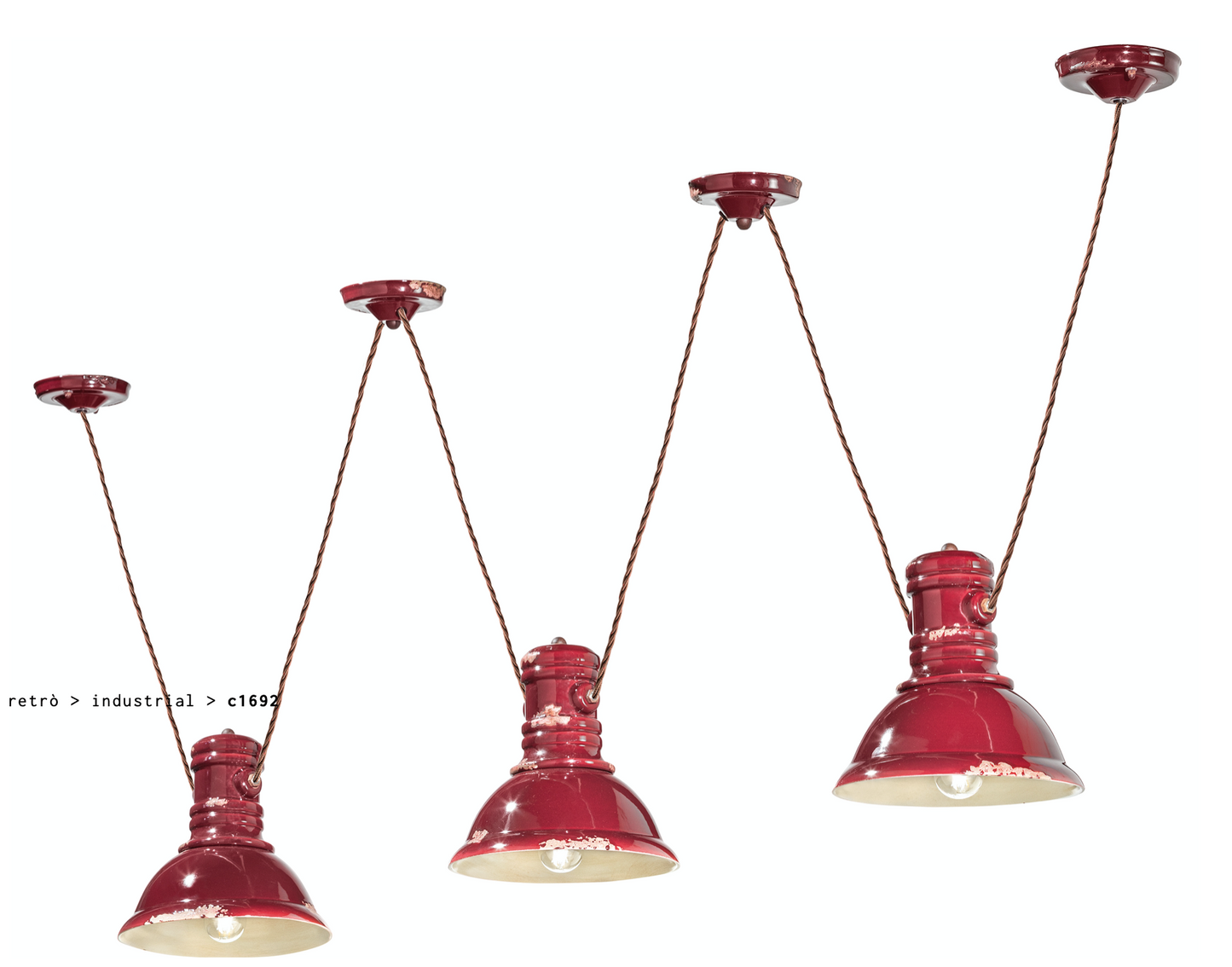 imagen lámpara colgante triple foco Industrial C1692 rojo burdeos