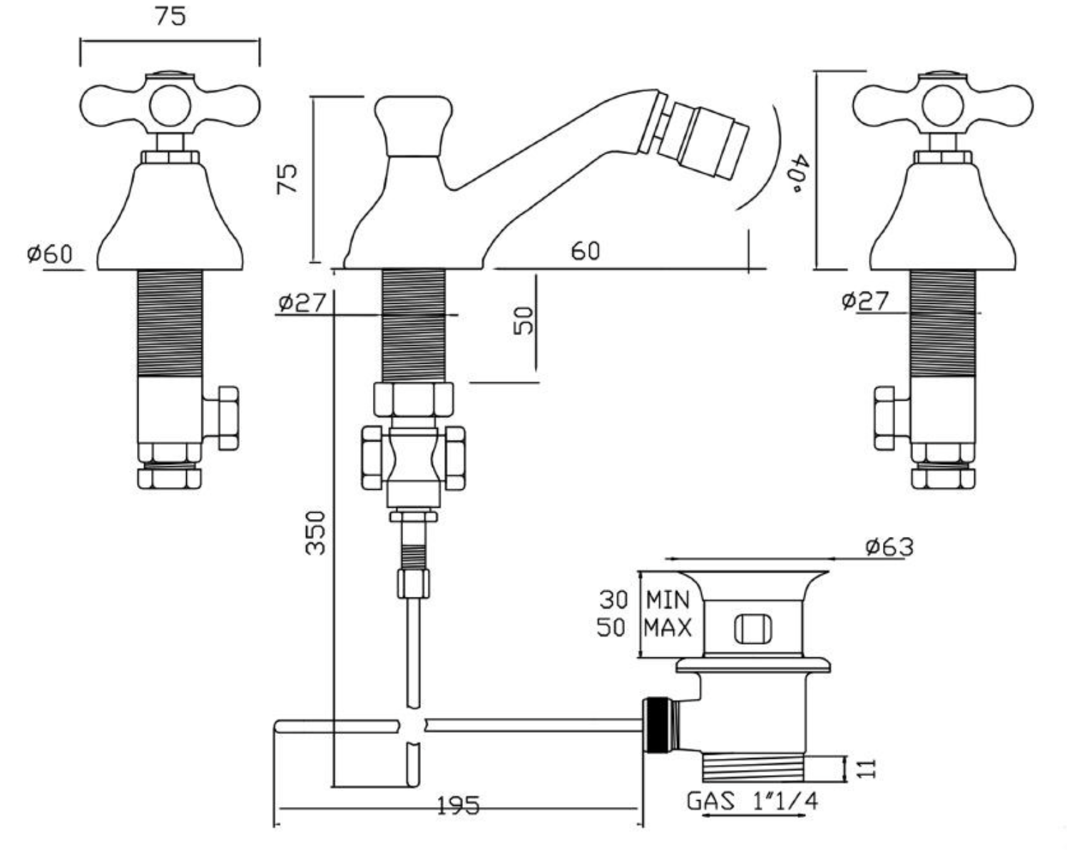 medidas grifería bidet RB107 