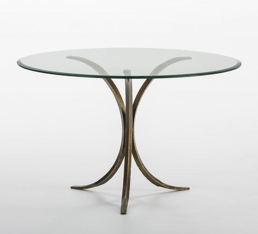 imagen mesa comedor redonda cristal y hierro forjado dorado