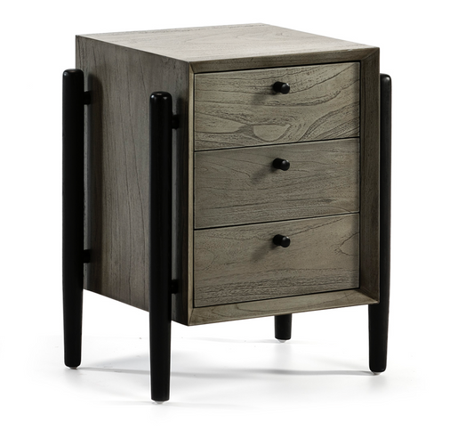 imagen mesita noche madera gris con 3 cajones