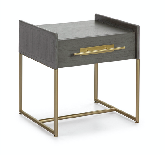 imagen mesita noche madera gris/metal dorado con 1 cajón