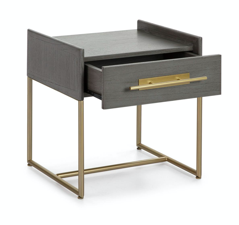 vista con cajón abierto  mesita noche madera gris/metal dorado 