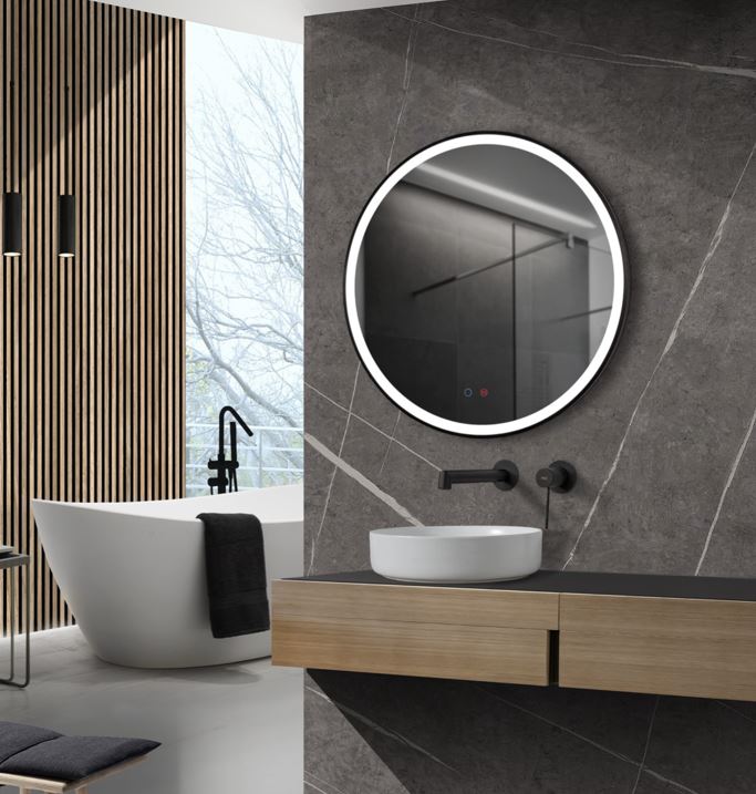 ambiente baño con imagen espejo Paris negro mate