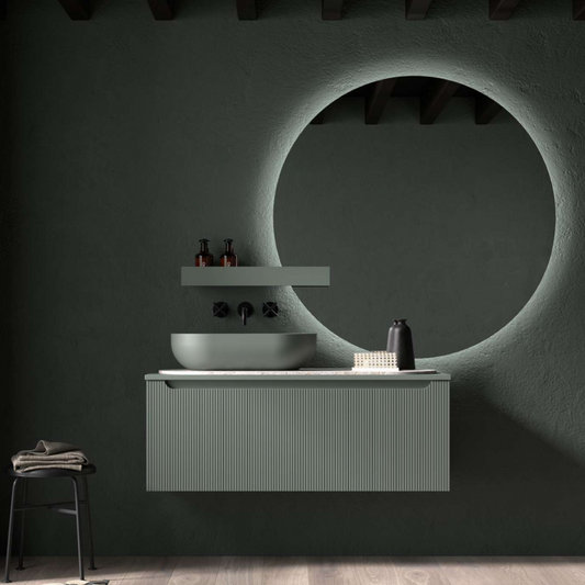 ambientación baño con mueble portalavabo Kimono en verde army
