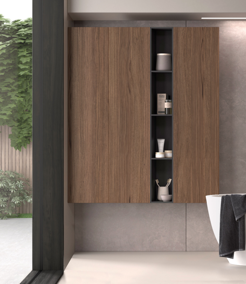 ambientación con columna suspendida puerta rayada Kimono, en este caso 3x columna + 1 estantería lacada