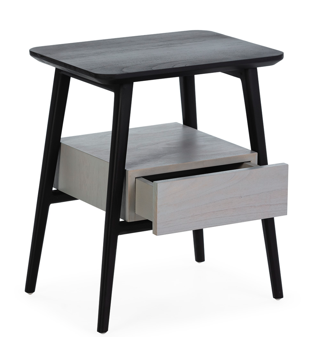 detalle mesita noche madera negro/ gris con cajón