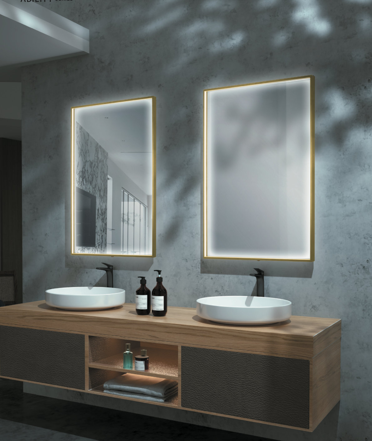 imagen espejo luz perimetral integrada en marco Ability en oro cepillado