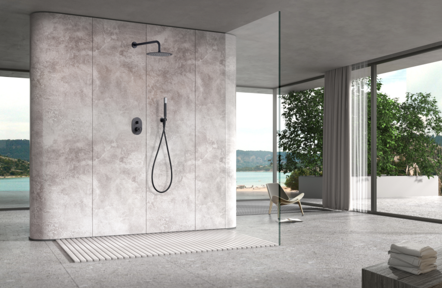 ambientación baño con grifería empotrada ducha Olimpo en negro mate