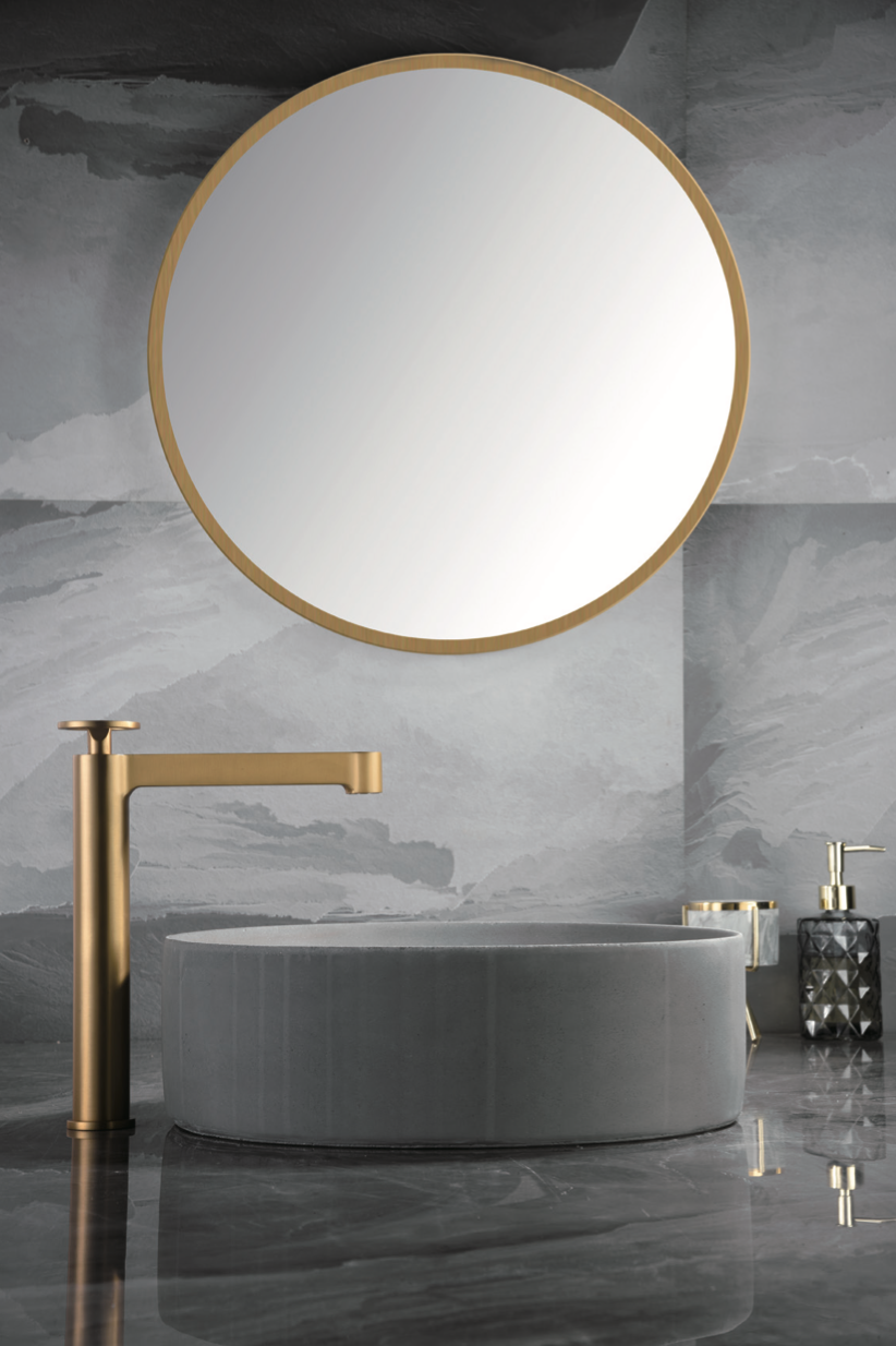 imagen grifería monomando lavabo alto Olimpo oro cepillado
