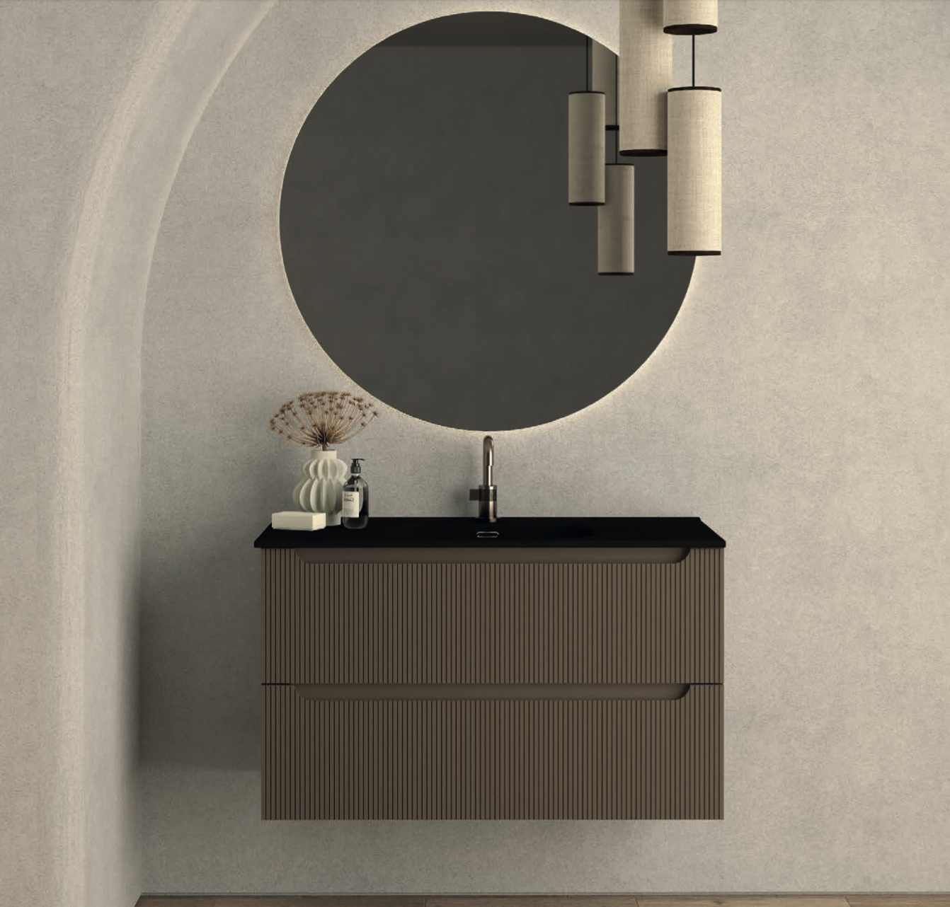ambientación con encimera negra con lavabo integrado Planet