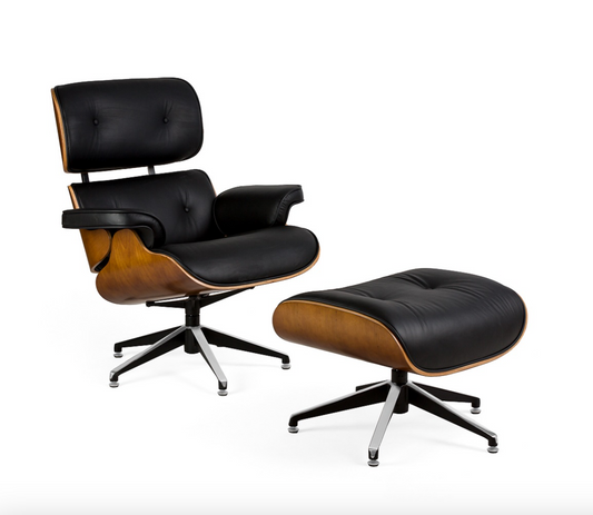 imagen sillón y reposapiés en madera y piel estilo Vintage en negro