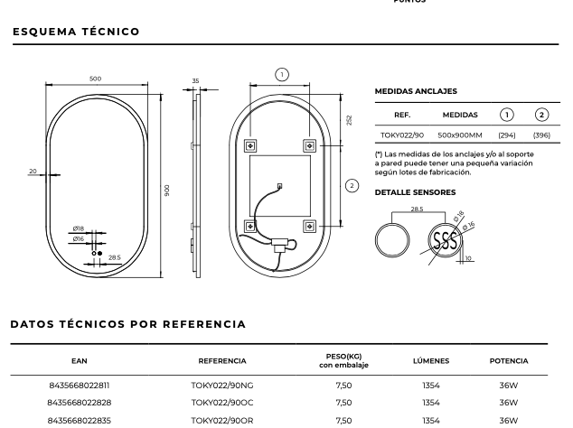 especificaciones técnicas espejo Tokyo retroiluminado 