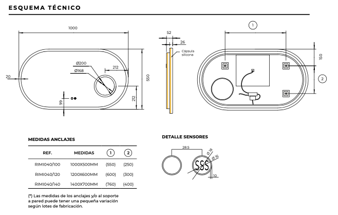 detalles técnicos marcos espejo elíptico Rimini