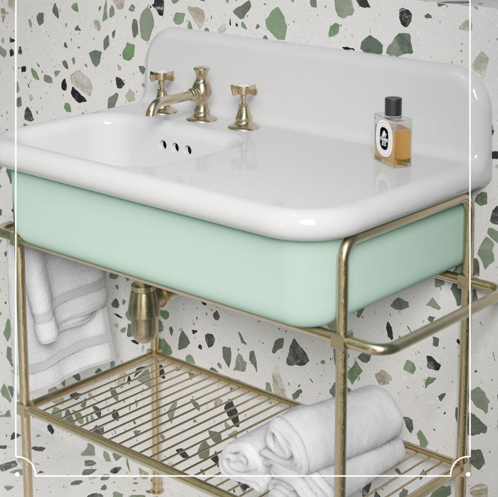 lavabo True Colors lite grande asimétrico en blanco/verde Pastello con base metálica