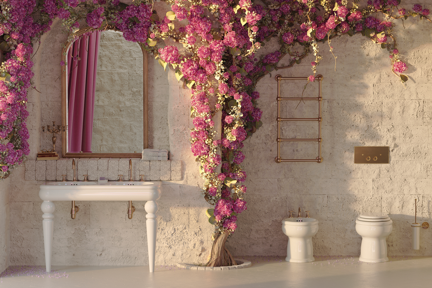 ambientación baño con lavabo grande doble seno Romantica en blanco