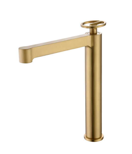 imagen grifería monomando lavabo alto Olimpo oro cepillado