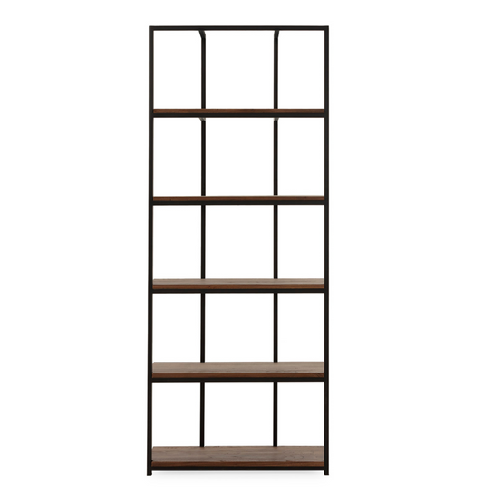 Estantería industrial de metal negro y madera, 6 niveles