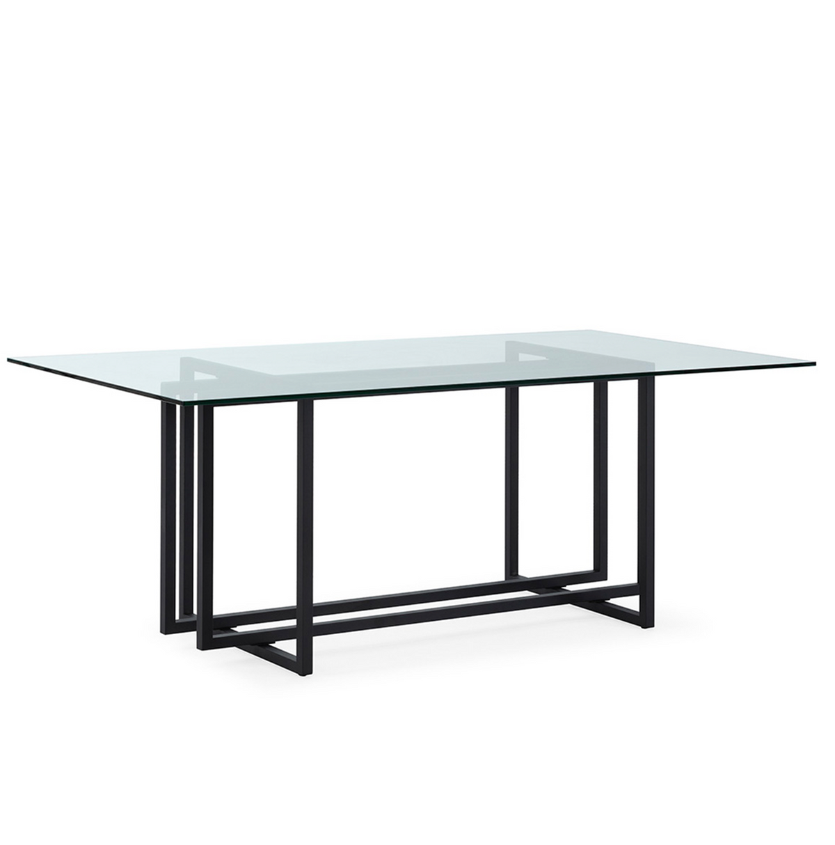 Mesa comedor cristal y metal negro vista en perspectiva