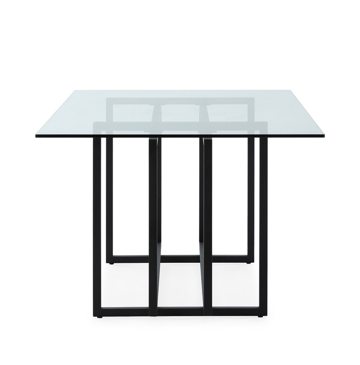 Mesa comedor cristal y metal negro vista frontal de la base