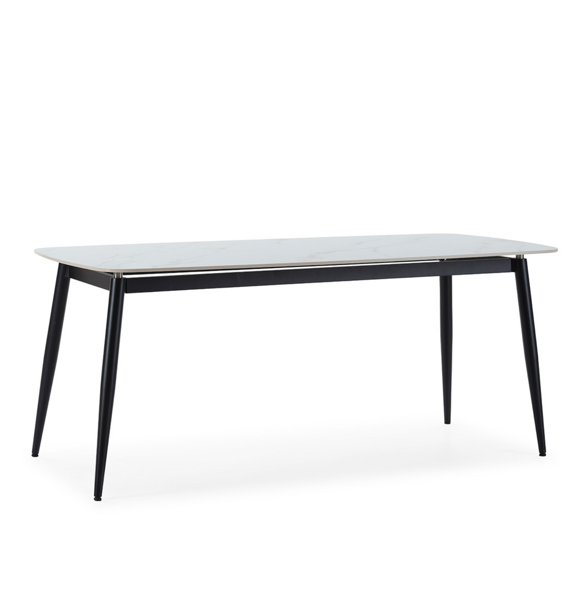 Mesa comedor porcelánico blanco y metal negro vista frontal