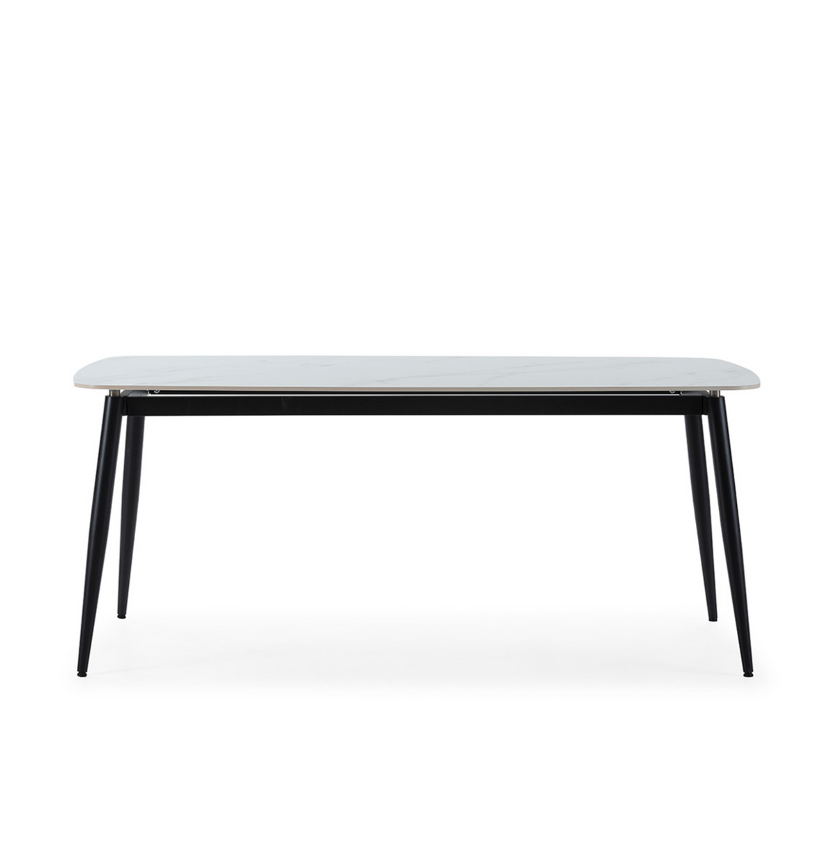 Mesa comedor porcelánico blanco y metal negro vista lateral
