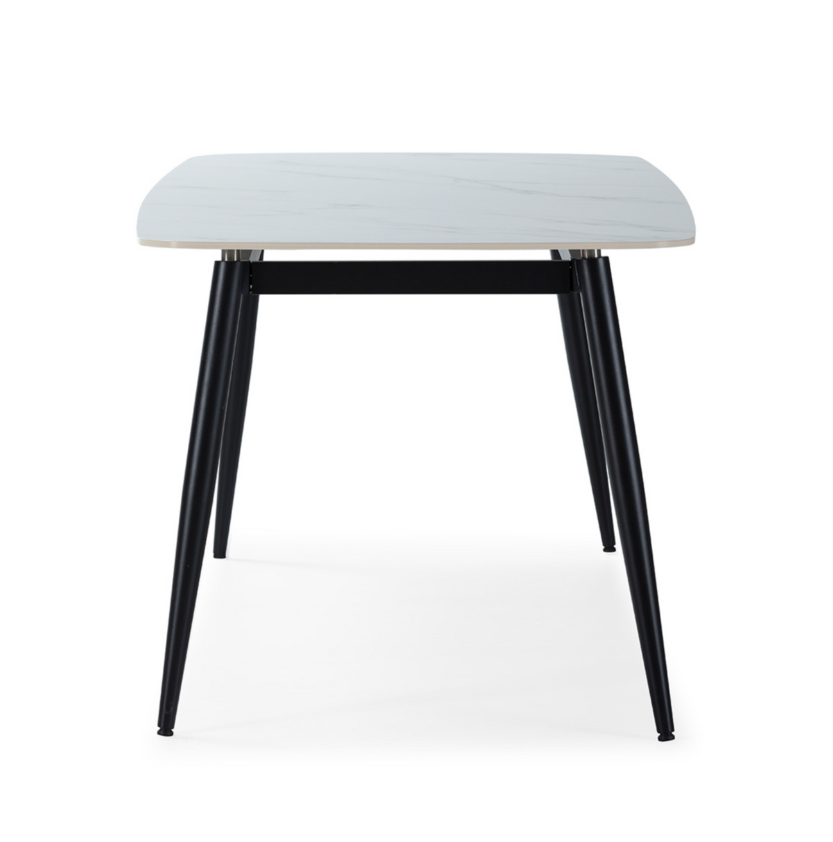 Mesa comedor porcelánico blanco y metal negro vista frontal de cabecera