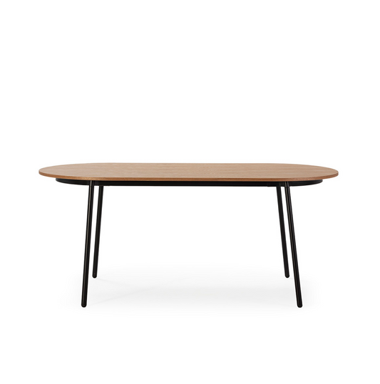 Mesa comedor ovalada madera natural y metal negro vista frontal