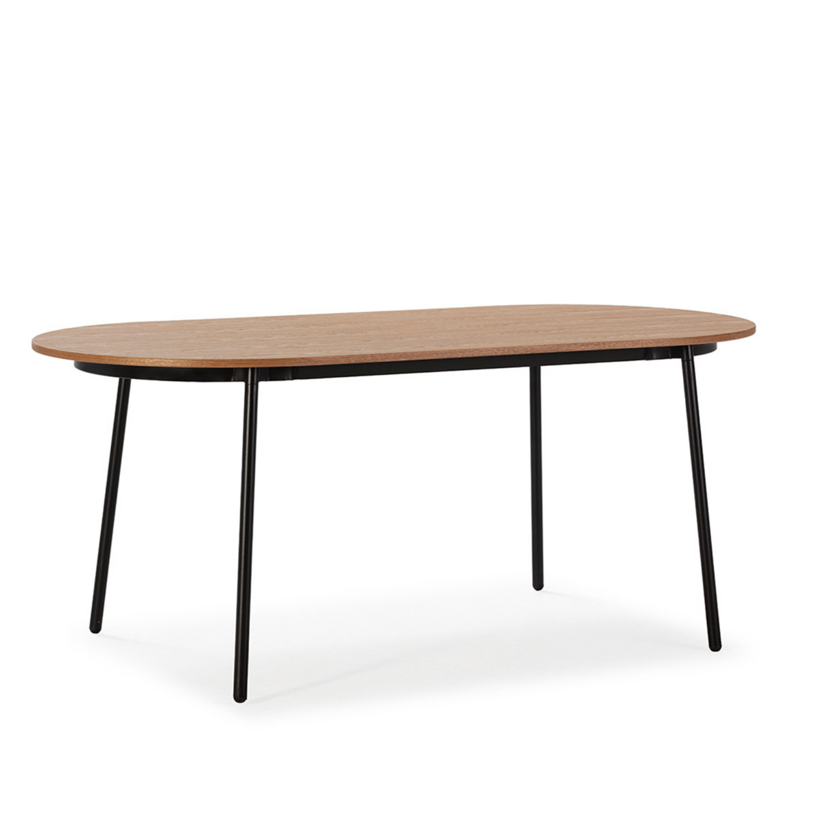 Mesa comedor ovalada madera natural y metal negro vista en perspectiva