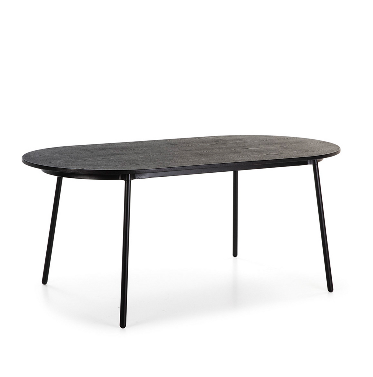 Mesa comedor ovalada fresno negro y metal negro vista en perspectiva