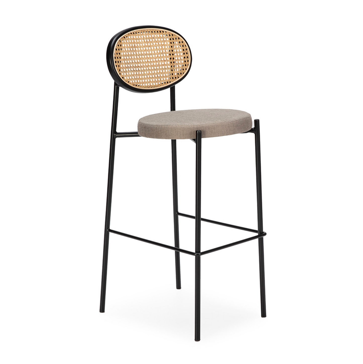 Taburete Metal Negro, Ratán Natural y Tela Gris Estilo Vintage | Thai Natura | Retrotimes
