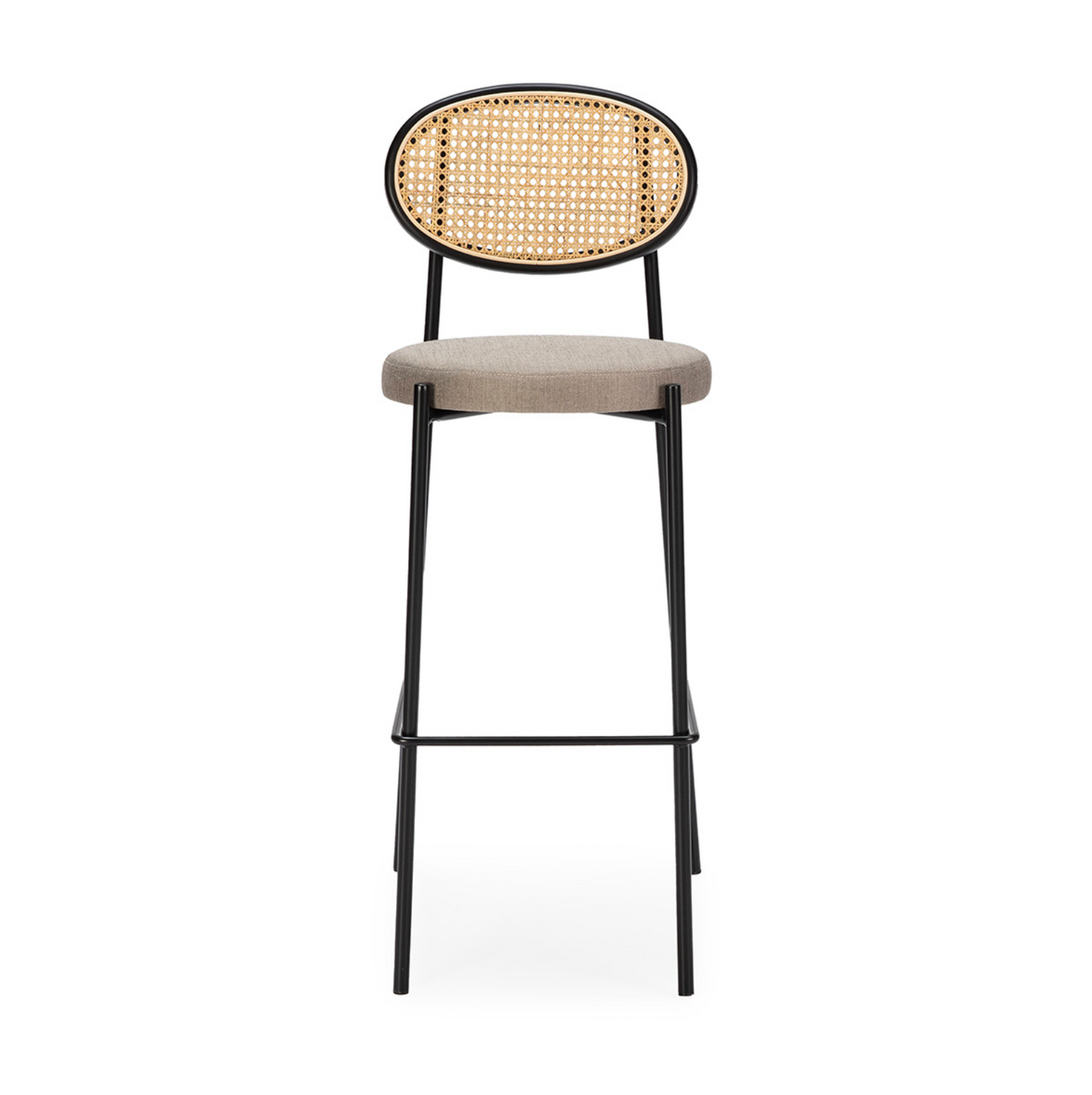 Taburete Metal Negro, Ratán Natural y Tela Gris Estilo Vintage | Thai Natura | Retrotimes