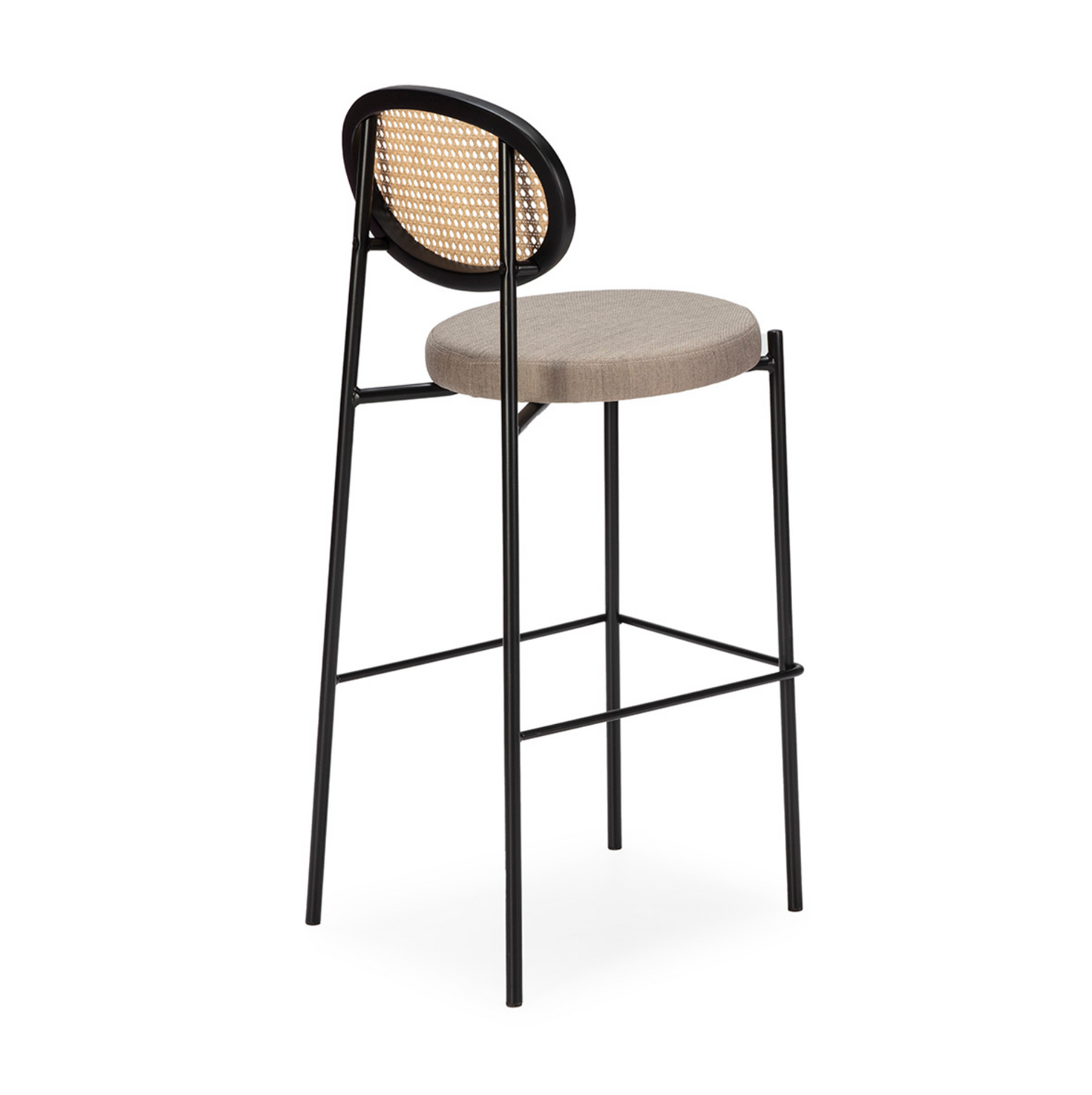Taburete Metal Negro, Ratán Natural y Tela Gris Estilo Vintage | Thai Natura | Retrotimes