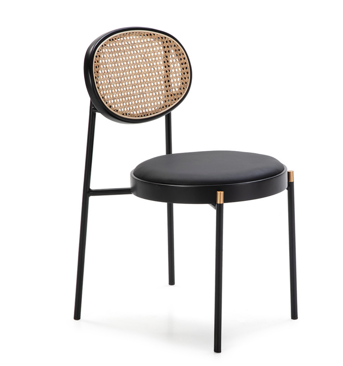 Silla Apilable Ratán Circular, Metal Negro y Detalle Dorado Vintage | Thai Natura | Retrotimes