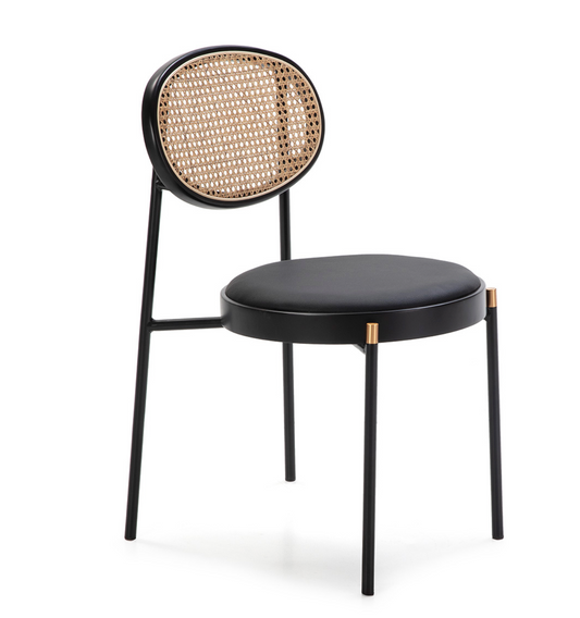 Silla Apilable Ratán Circular, Metal Negro y Detalle Dorado Vintage | Thai Natura | Retrotimes