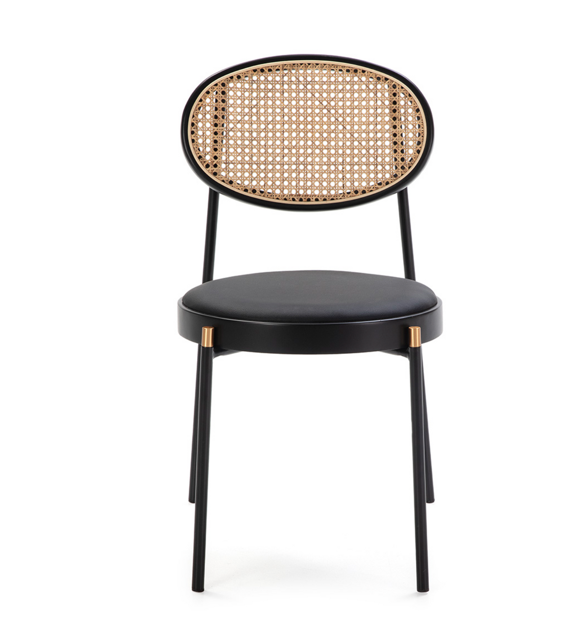 Silla Apilable Ratán Circular, Metal Negro y Detalle Dorado Vintage | Thai Natura | Retrotimes