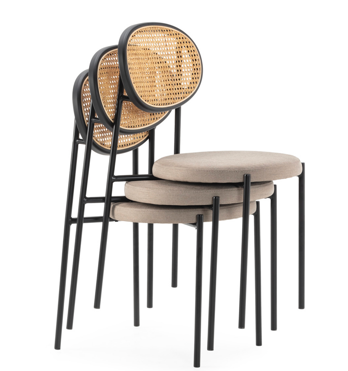 Silla Apilable Ratán Circular, Metal Negro y Asiento Tela Blanca Vintage | Thai Natura | Retrotimes
