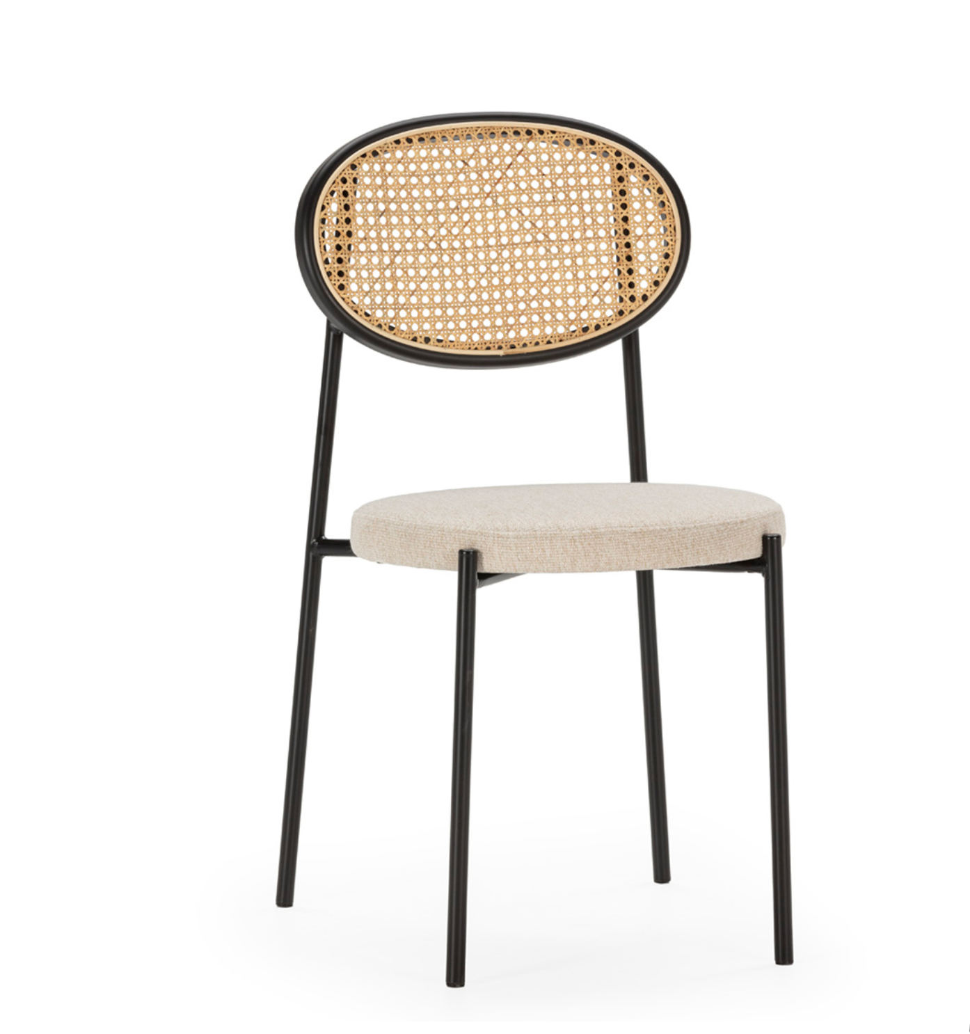 Silla Apilable Ratán Circular, Metal Negro y Asiento Tela Blanca Vintage | Thai Natura | Retrotimes
