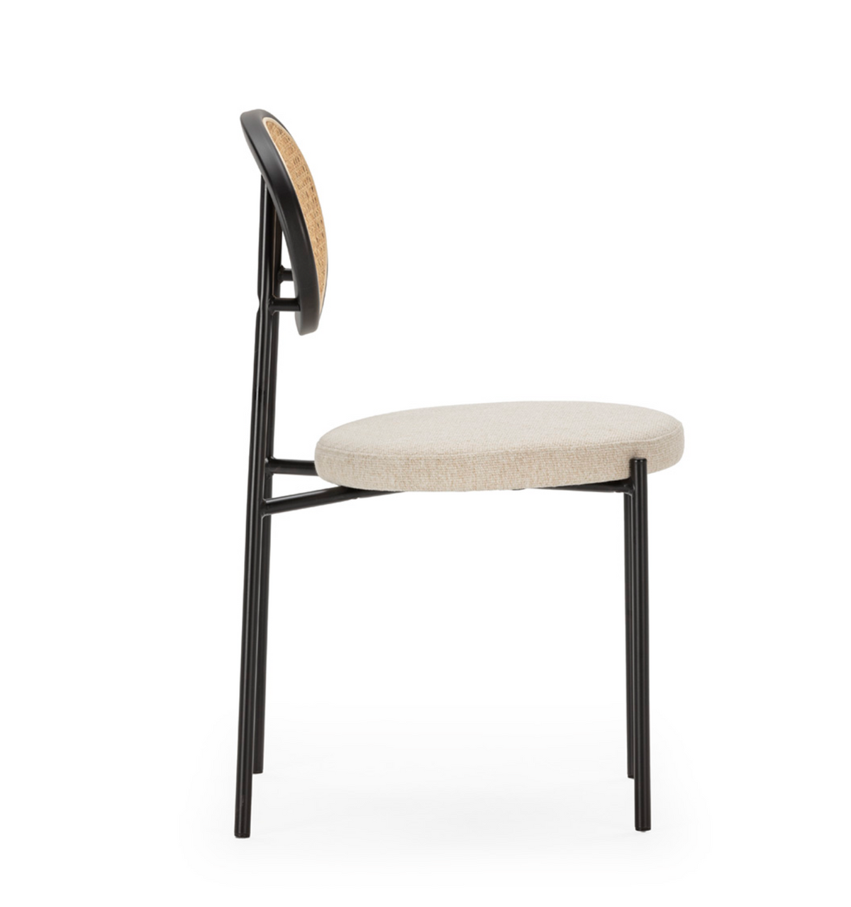 Silla Apilable Ratán Circular, Metal Negro y Asiento Tela Blanca Vintage | Thai Natura | Retrotimes