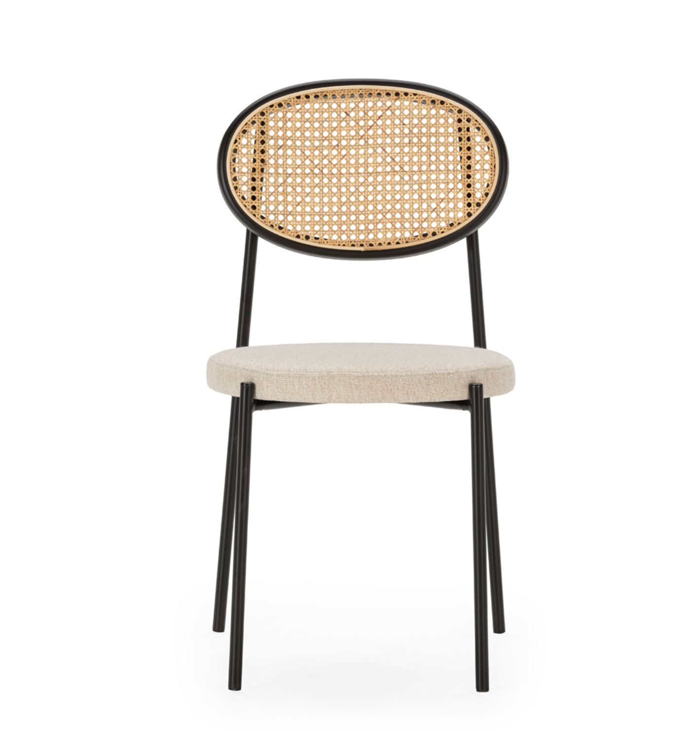 Silla Apilable Ratán Circular, Metal Negro y Asiento Tela Blanca Vintage | Thai Natura | Retrotimes