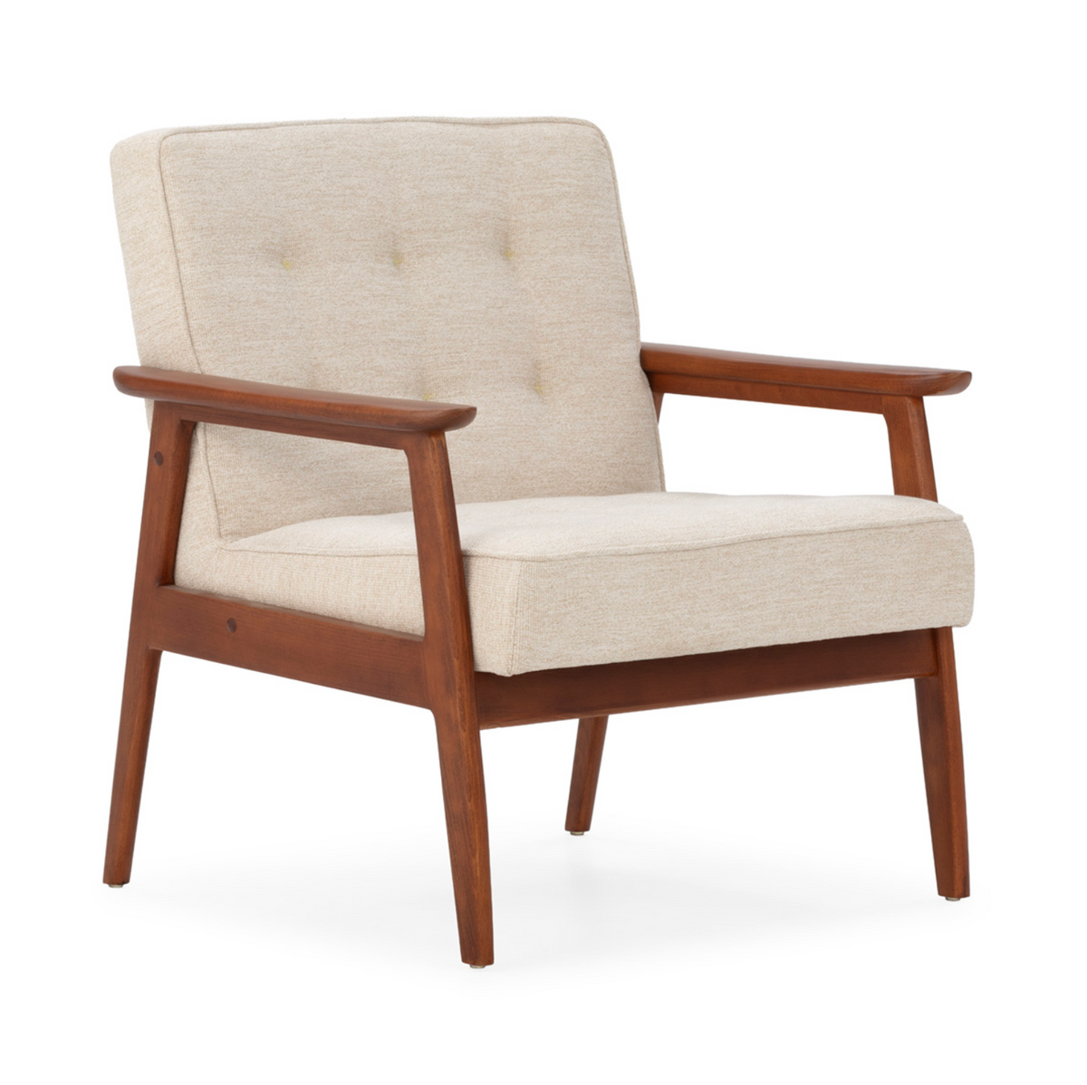 Sillón Mid-Century de Madera de Haya y Tela Beige con Capitoné | Thai Natura
