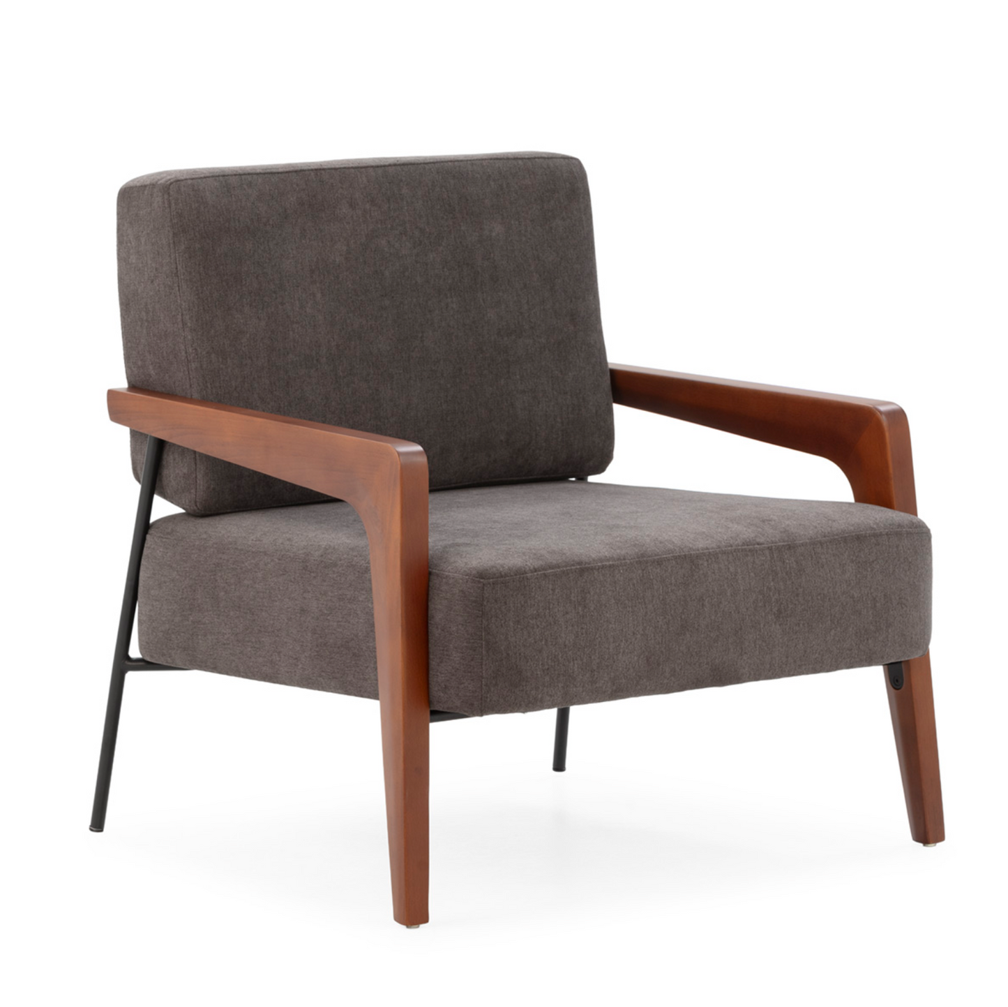 Sillón Mid-Century Industrial de Haya Nogal, Metal Negro y Tela Gris | Thai Natura